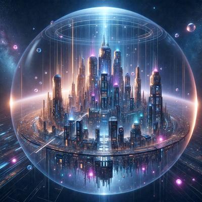 The primary subject of the image is a futuristic cityscape, featuring a large, round, blue glass dome with a purple glow. The city is filled with tall buildings, including skyscrapers, and is bathed in a blue and purple light. The setting is a futuristic environment, and the visual style is a combination of digital art and illustration. The colors and mood of the image are vibrant and captivating, with a sense of wonder and excitement.